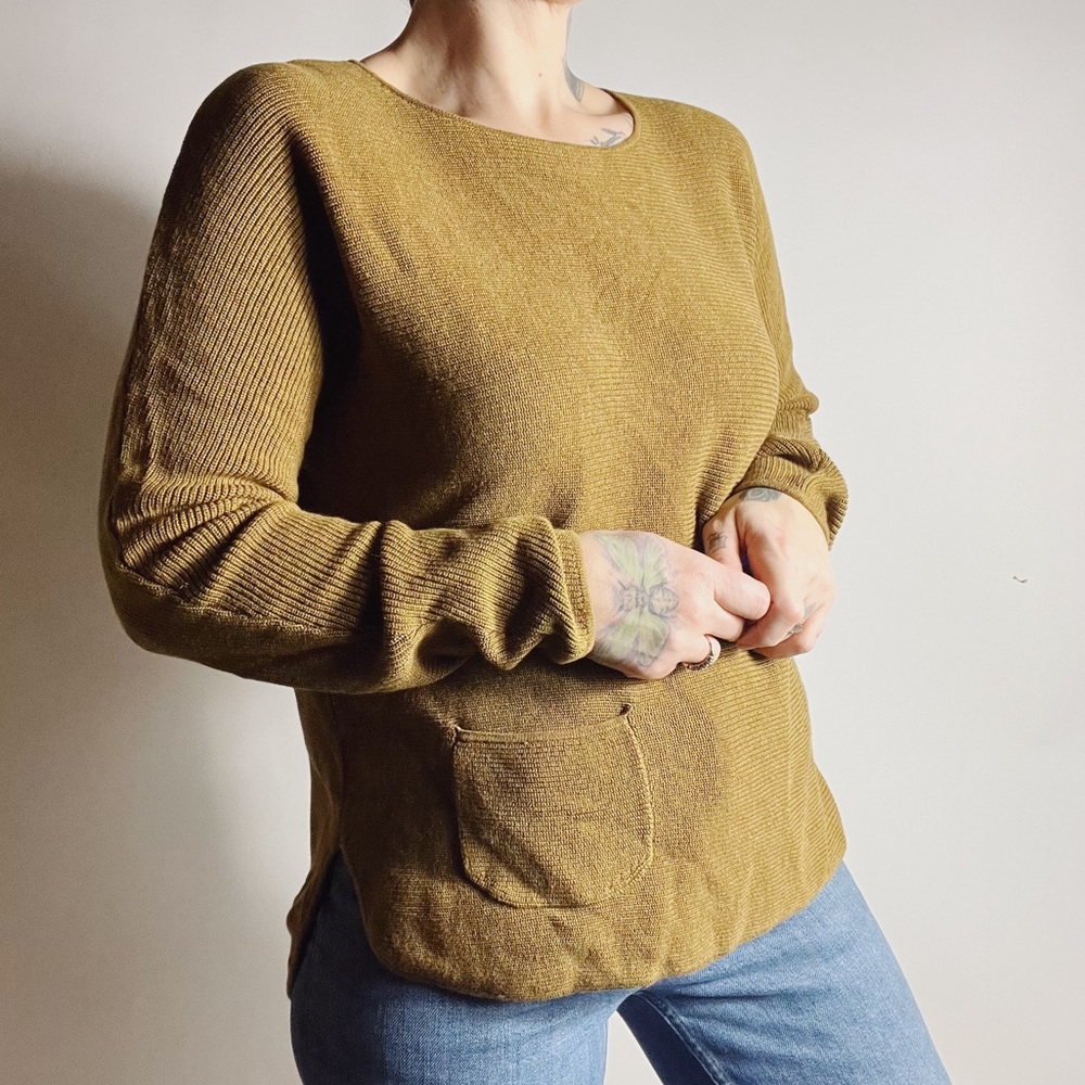 MANSTED Eco Cotton Horizontal Ribbed Knit Pocket Boatneck Ochre Sweater Small